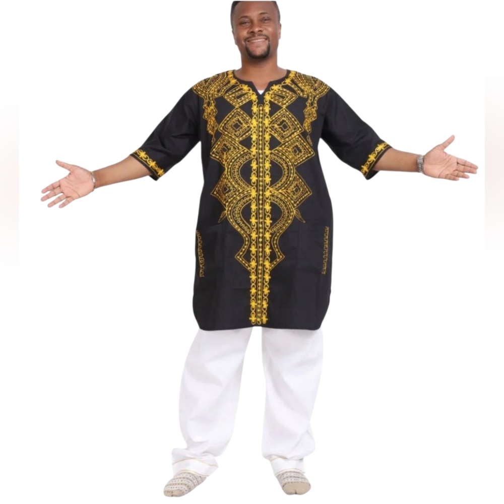 Kente Dashiki Men’s Top | Black & Gold | Size M/L